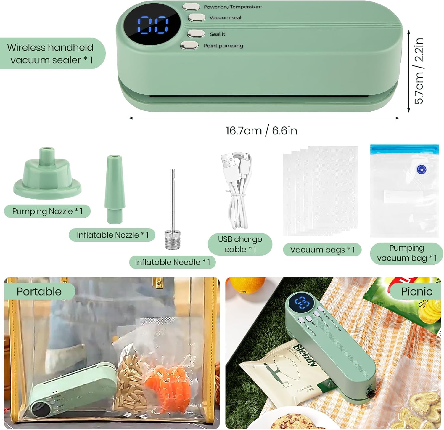 Mini Vacuum Sealer 3 in 1 Cordless Food Sealer for Dry/Moist Food Storage Portable Handheld